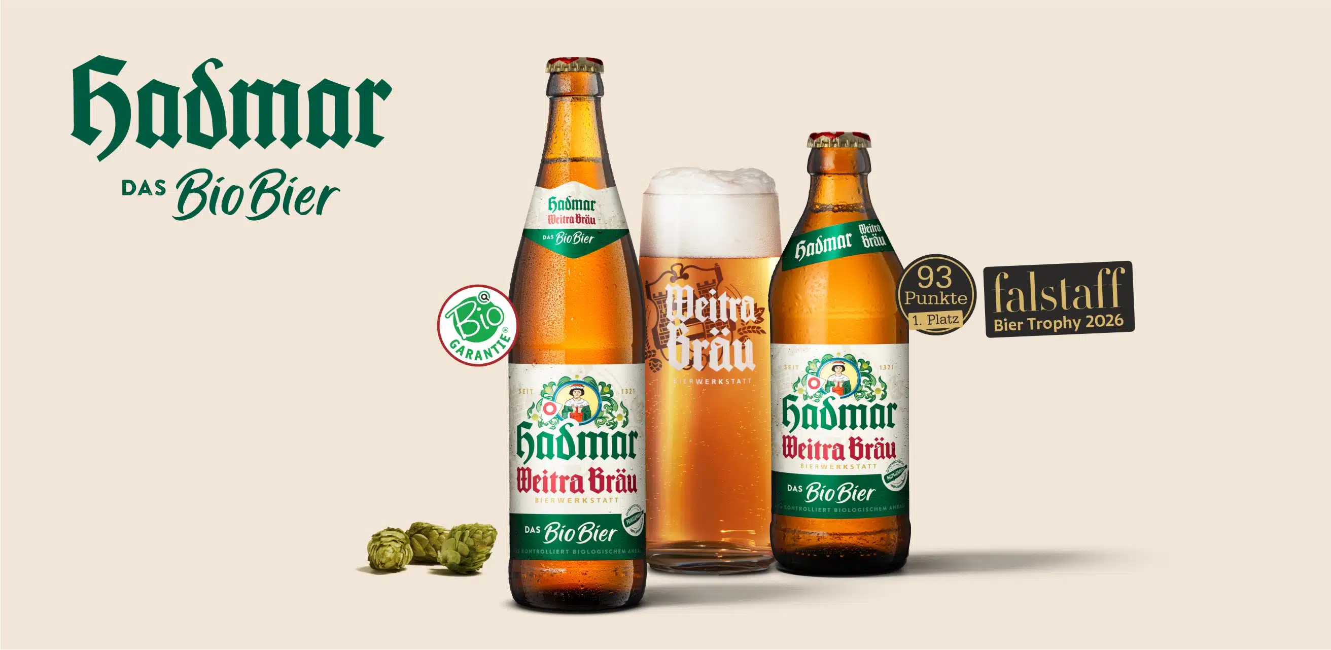 Hadmar Bio Bier - falstaff<br />
Bier Trophy 2026: 93<br />
Punkte - 1. Platz